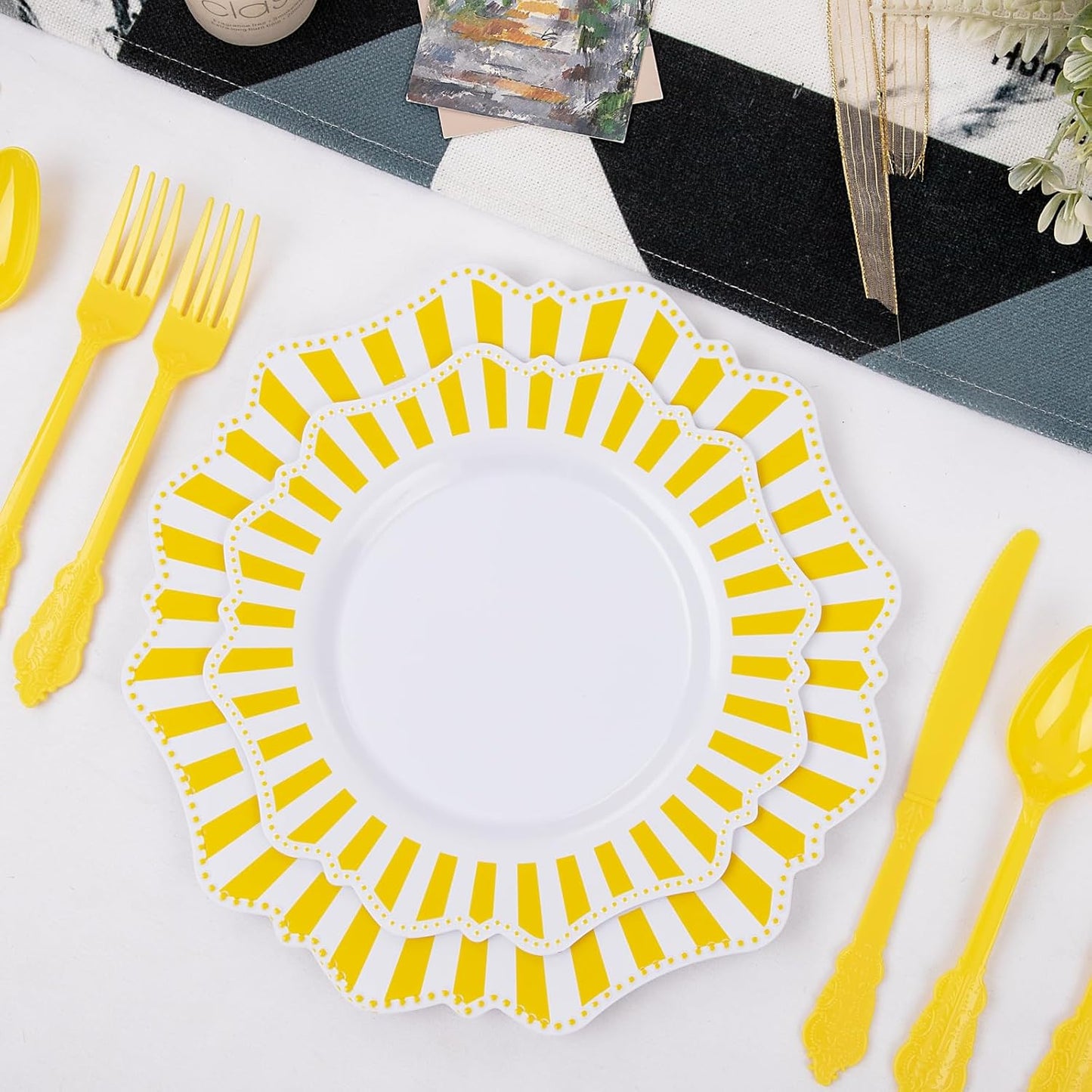 COLOSUS 150pcs Disposable White Lemon Yellow Striped Plastic Party Plates and Silverware set, Yellow Dinner/Dessert Plates silverware 30guests for Easter Birthday Weeding Party and Daily use.