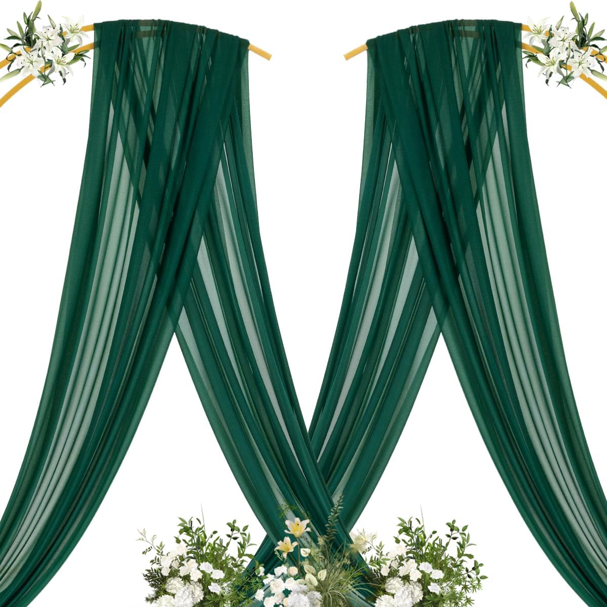MLMC Emerald Green Wedding Arch Draping Fabric 4 Panels 29" x 20 FT Extra Long Gauze Drapes Sheer Backdrop Curtains 6.6 Yards Outdoor Drapery Panels for Wedding Ceremony Party Ceiling Decoration