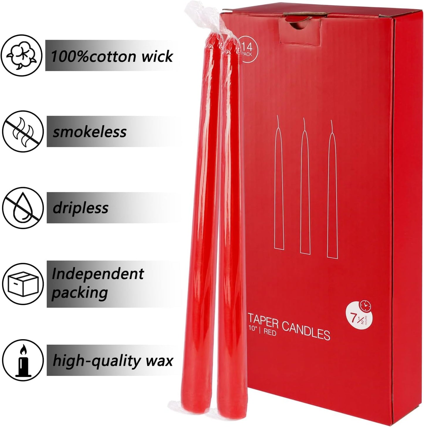 24 Pack Red Taper Candles, 7-8 Hours Burn Time, Unscented, Smokeless and Dripless, 0.75 x 10 Inch Dinner Candle Set for Christmas,Household, Wedding, Party and Home Décor Candlesticks