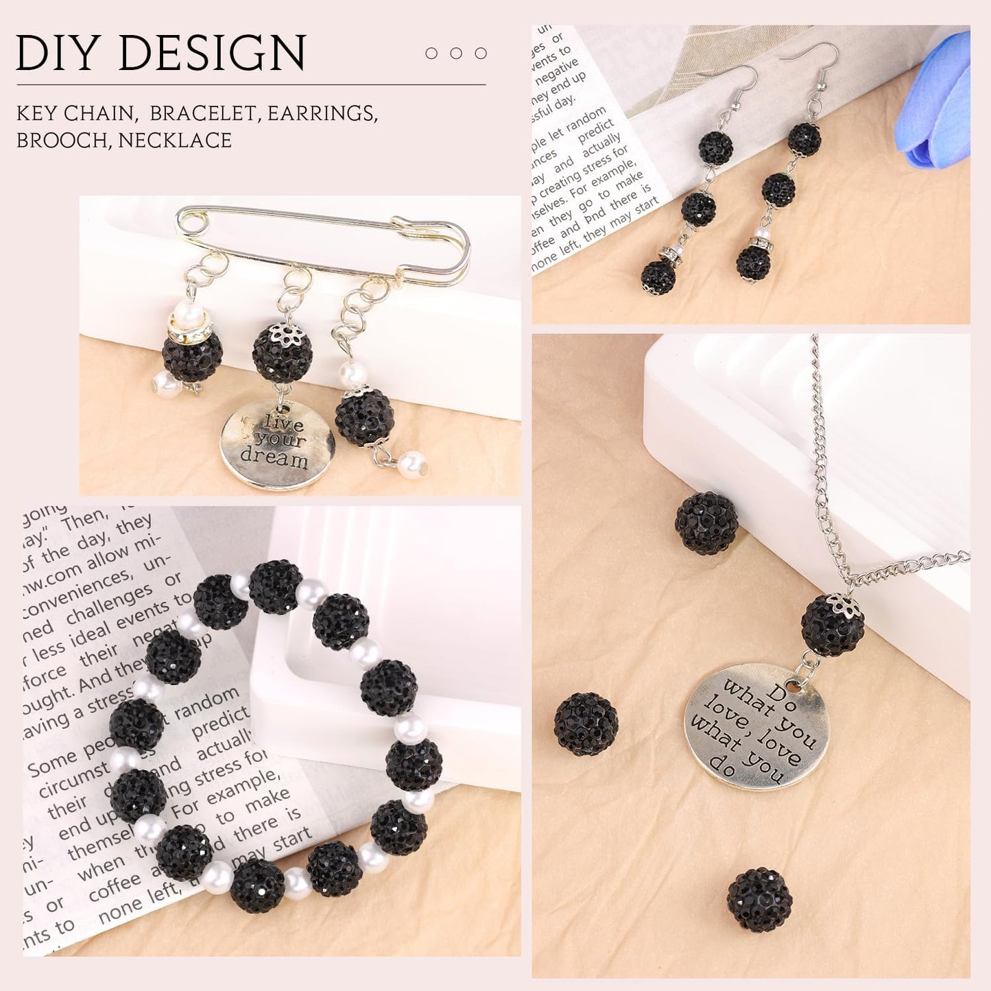 200pcs 10mm Black Rhinestone Beads for Jewelry Making, Shiny Round Shamballa Disco Ball Beads Bulk, Sparkle Crystal Clay Christmas for Bracelet Baseball Necklace Earring Crafting and DIY