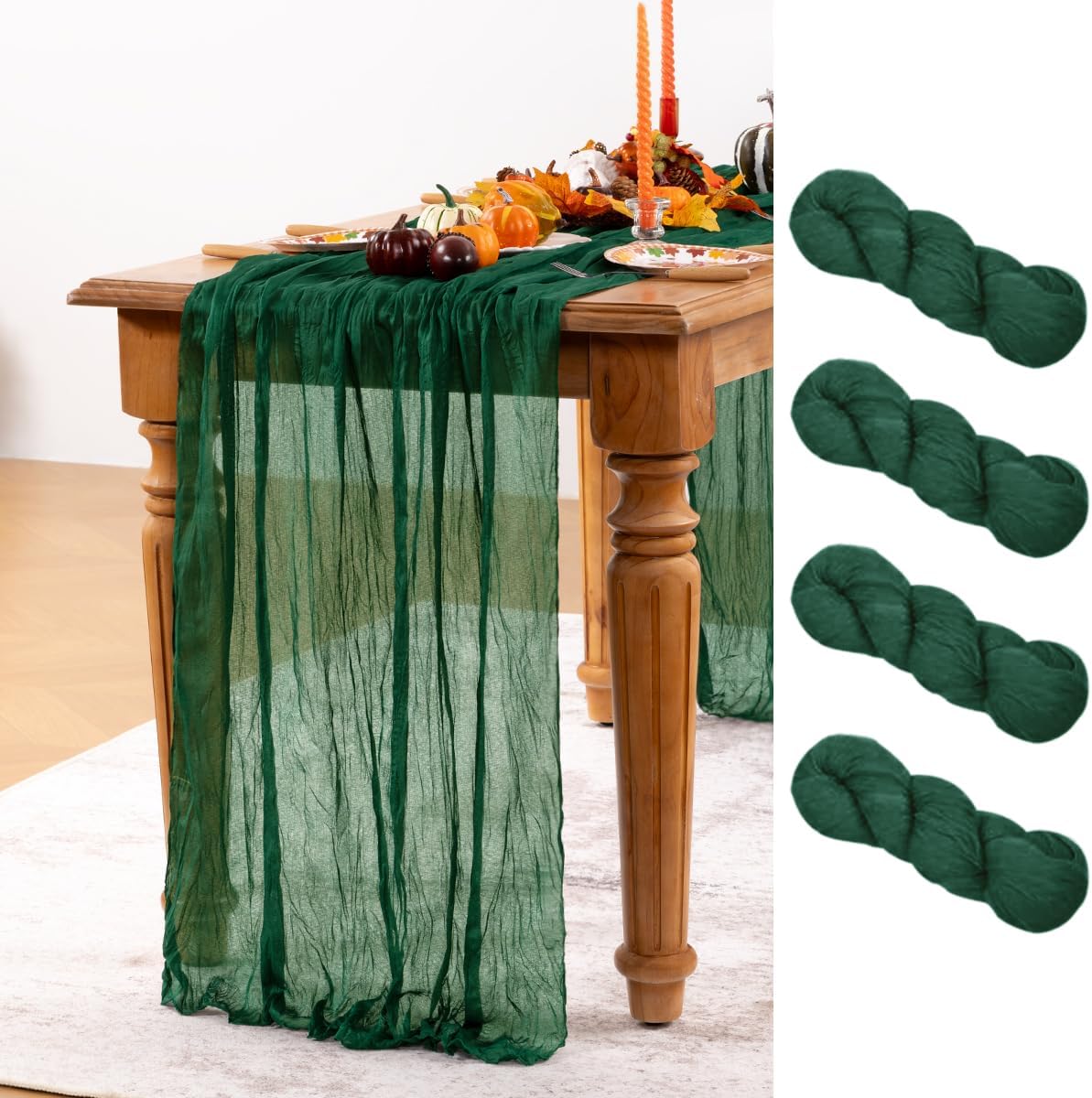 Emerald Green Cheesecloth Table Runner 4 Pack Fall Table Runners Boho Gauze 120 Inches Green Cheese Cloth Fall Table Decorations for Thanksgiving Wedding Bridal Baby Shower Tea Party