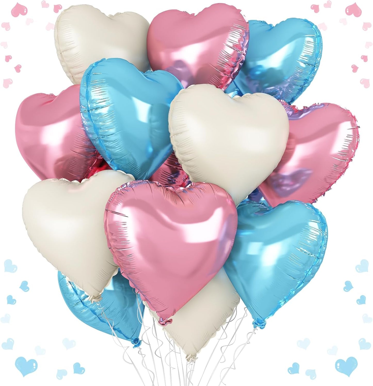 Pink Blue Heart Balloons, 18 Inch Nude White Blue Heart Shape Balloon, 12PCS Pink Cream White Helium Foil Heart Balloon for Birthday Baby Shower Engagement Wedding Anniversary Party Decoration