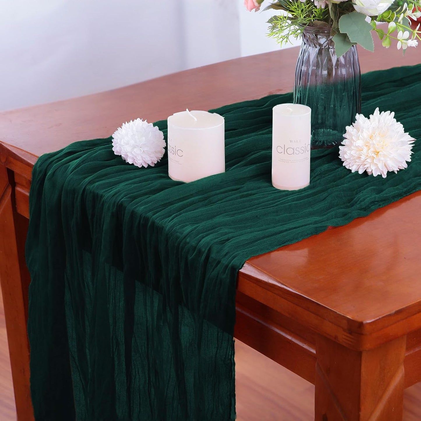 Emerald Green Cheesecloth Table Runner - 10FT x 35Inch Boho Gauze - 16PCS - Rustic Sheer Table Decor for Wedding, Party, Baby, Bridal Shower