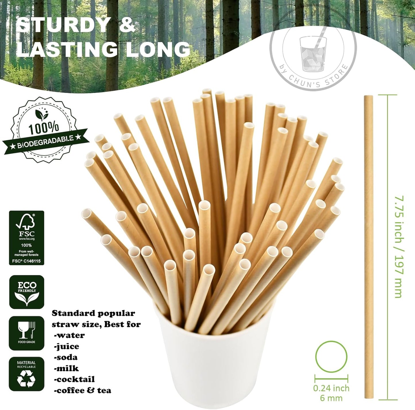 [1000 Count] Disposable Paper Drinking Straws, Brown Kraft, 7.75" x0.24" - Eco-friendly