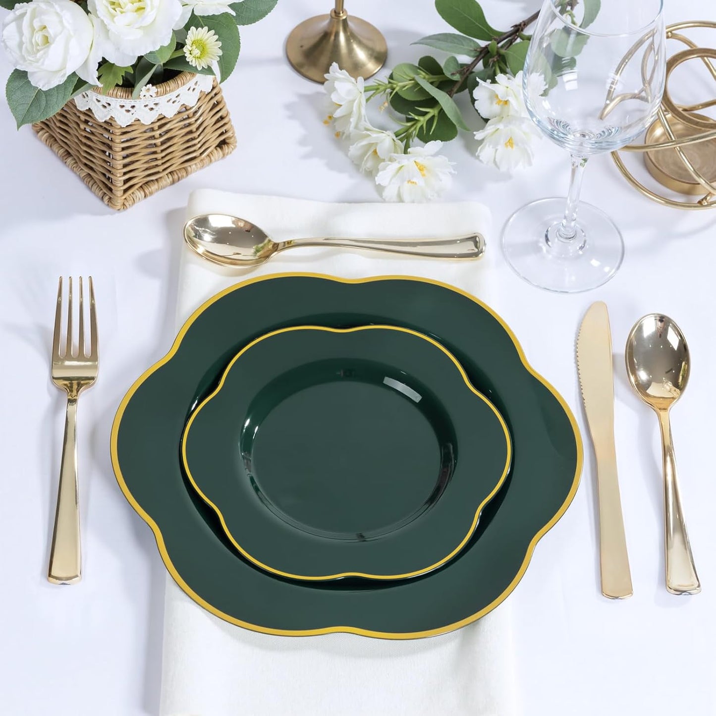 Liacere 50PCS Green Plastic Plates - Heavy Duty Disposable Plate-Green and Gold Include 25PCS Dinner Plate, 25PCS Dessert Plates for Easter&Baby Shower Gifts