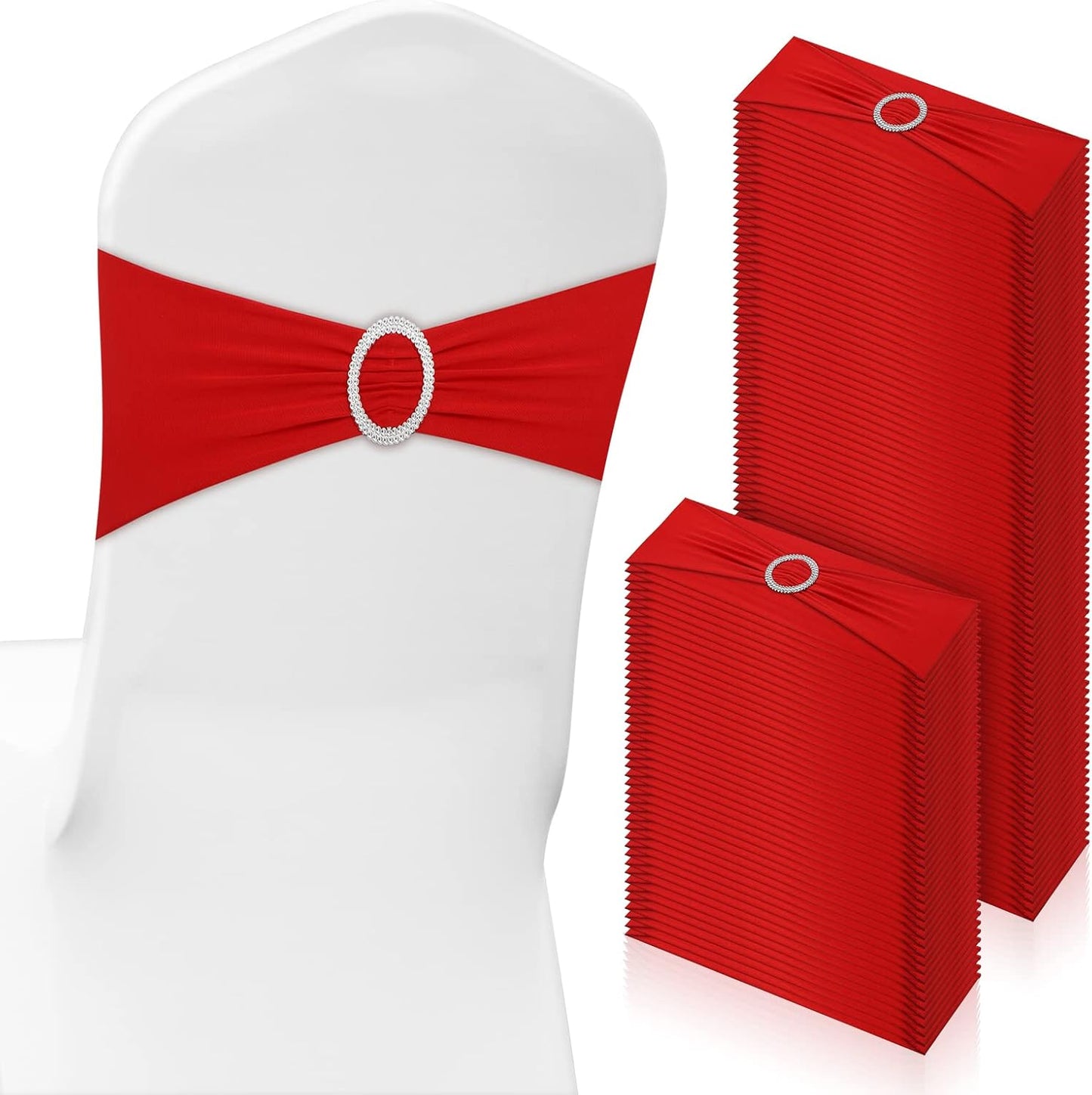 CHENGU 150 Pieces Spandex Stretch Chair Sashes Bows Elastic Chair Cover Bands Ties with Buckle Slider for Wedding Party Reception Events Universal Ceremony Banquet Decorations (Red)