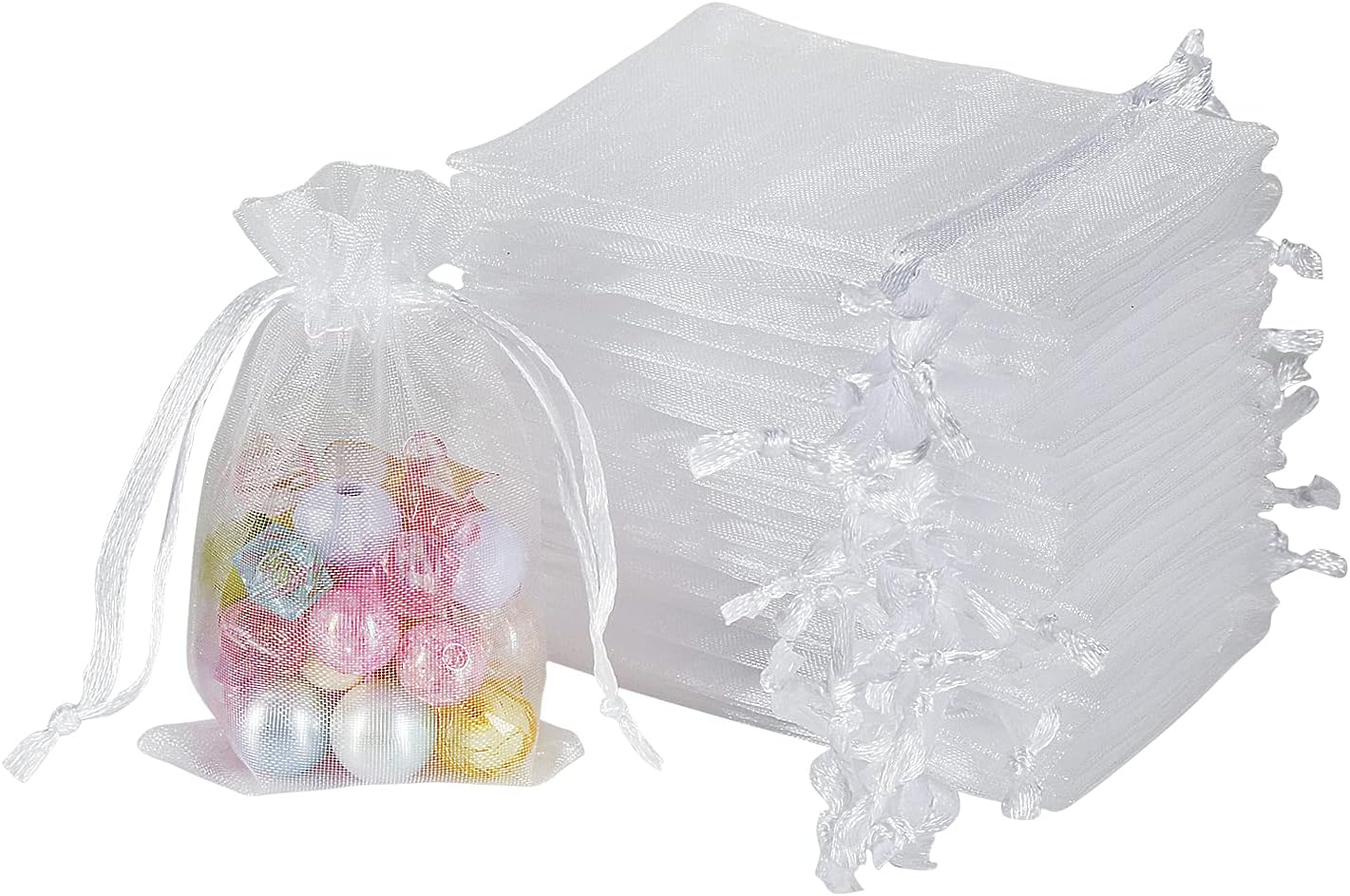 YQL Mini Organza Bags,100PCS 2x3 Inch White Organza Jewelry Pouches, Mini Mesh Drawstring Bags for Wedding Party Christmas Gift Candy