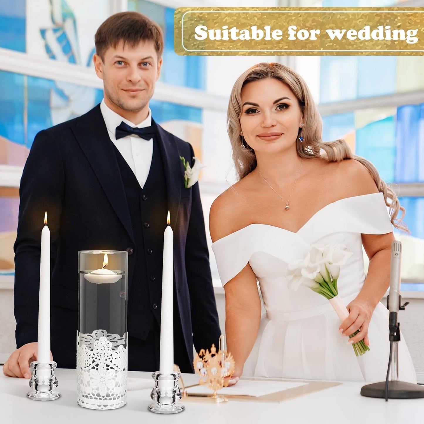Irenare Unity Candles with Holder for Wedding Ceremony Wedding Decortions Accessories Glass Candle Holder Pillar Candle for Formal Events Church(Lace)