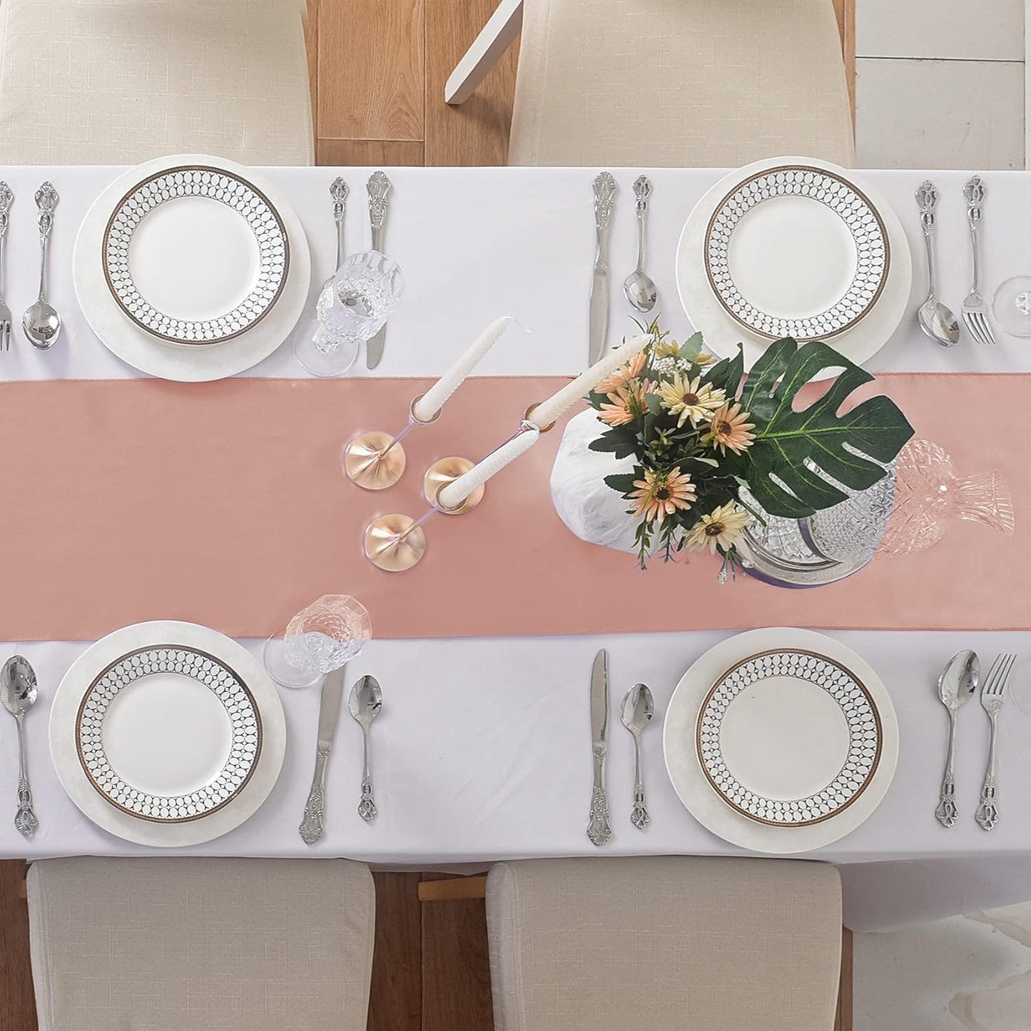 24Pack Table Runner 12 x 108 Inches Satin Silk Table Runner for Wedding, Birthday Party, Banquets, Graduations Decoration, fit Rectange and Round Table-Rose Gold