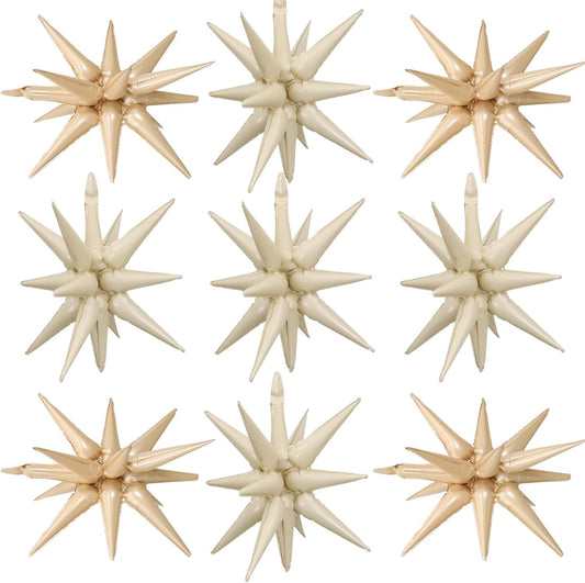Cream White Beige Star Balloons,9Pcs 22Inch Caramel Sand White Explosion Spike Cone Helium Polyester Film Star Balloon for Birthday Anniversary Baby Shower Disco Party Decorations