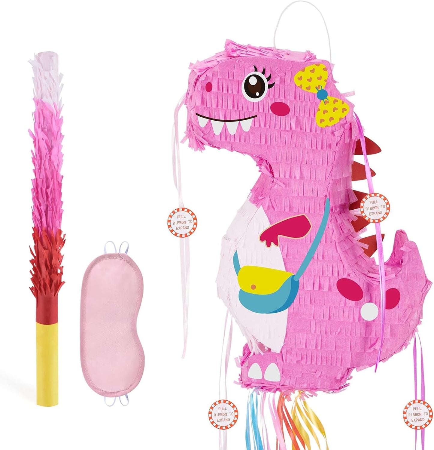 WERNNSAI Foldable Dinosaur Piñata - Pull String Dinosaur Birthday Party Supplies Extendable Piñata with Blindfold Bat and Tassels Dinosaur Birthday Decoration Pink Dinosaur Piñatas for Classroom Game