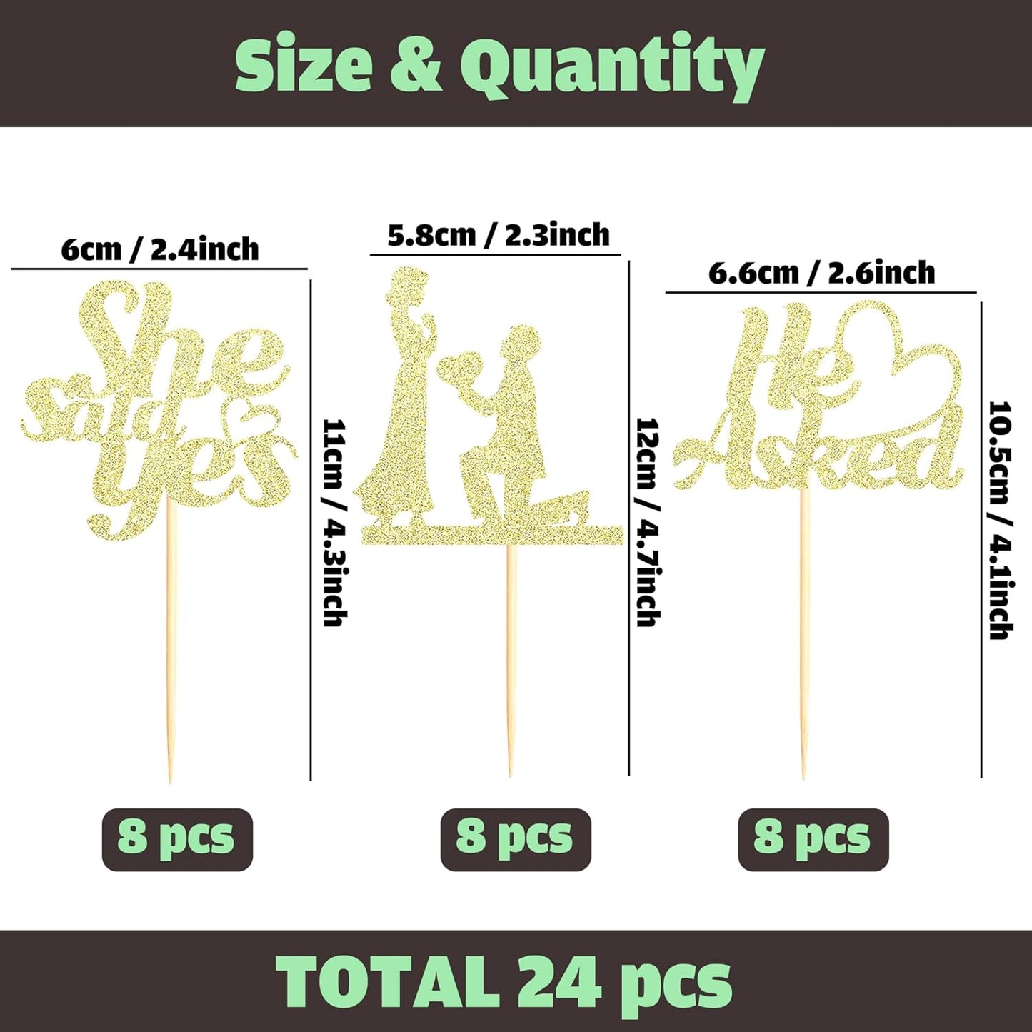 Sotpot 24PCS He Asked She Said Yes Cupcake Toppers With Heart Gold Glitter for Wedding Bridal Shower Wedding Engagement Party Cake Decorations