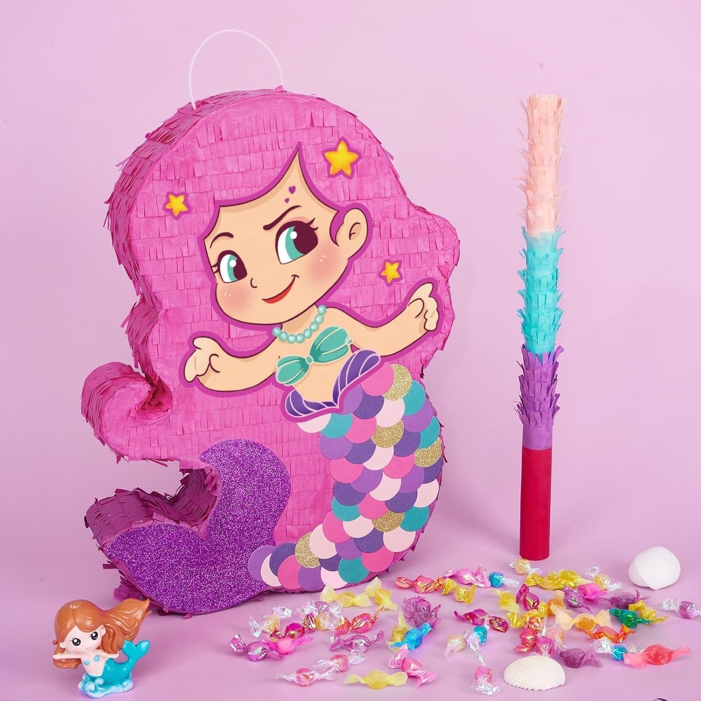 WERNNSAI Mermaid Piñata-Mermaid Party Piñata with Bat and Blindfold for Girls, Kids Birthday Party Games Anniversary Celebration Classroom Activities Mermaid Themed Party Decorations (15.7’’ x 12.2’’)