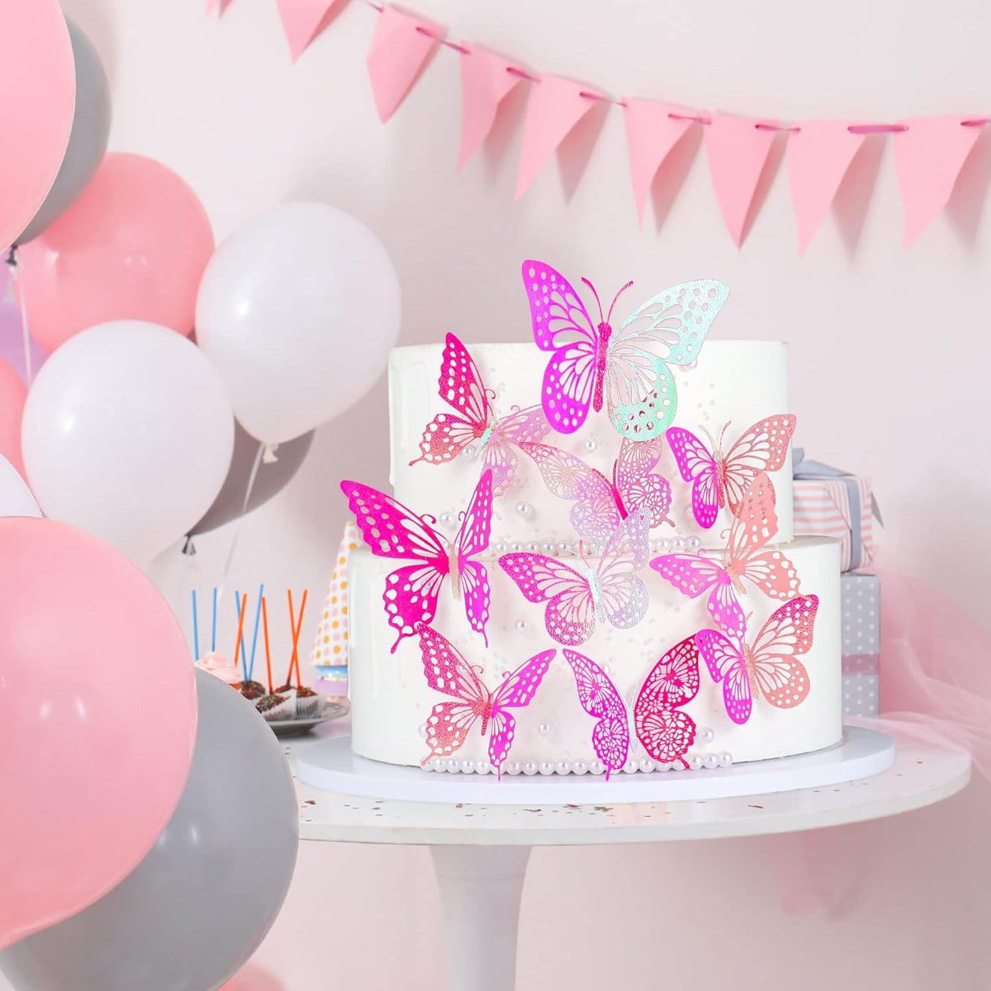 Gyufise 36 Pack Laser Purple Red Glitter 3D Butterfly Cupcake Toppers Hollow Cake Decorations for Birthday Wedding Fairy Party Wall Sticker Decal