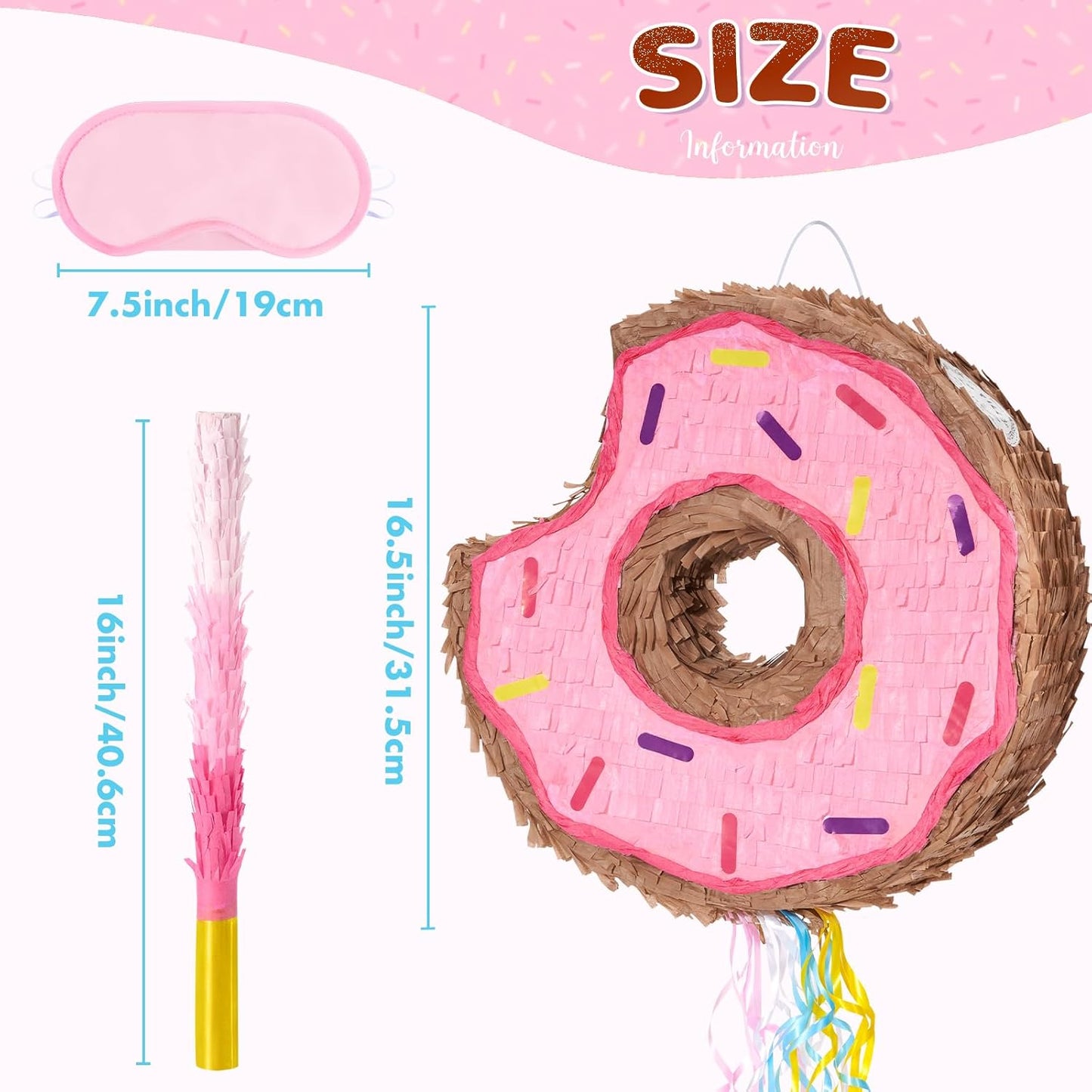WERNNSAI Donut Piñata - Pink Donut Pinata with String Birthday Partyn Decorations Piñata with Stick Blindfold for Girls Kids Dount Pull String Pinata Family Games Birthday Party Supplies