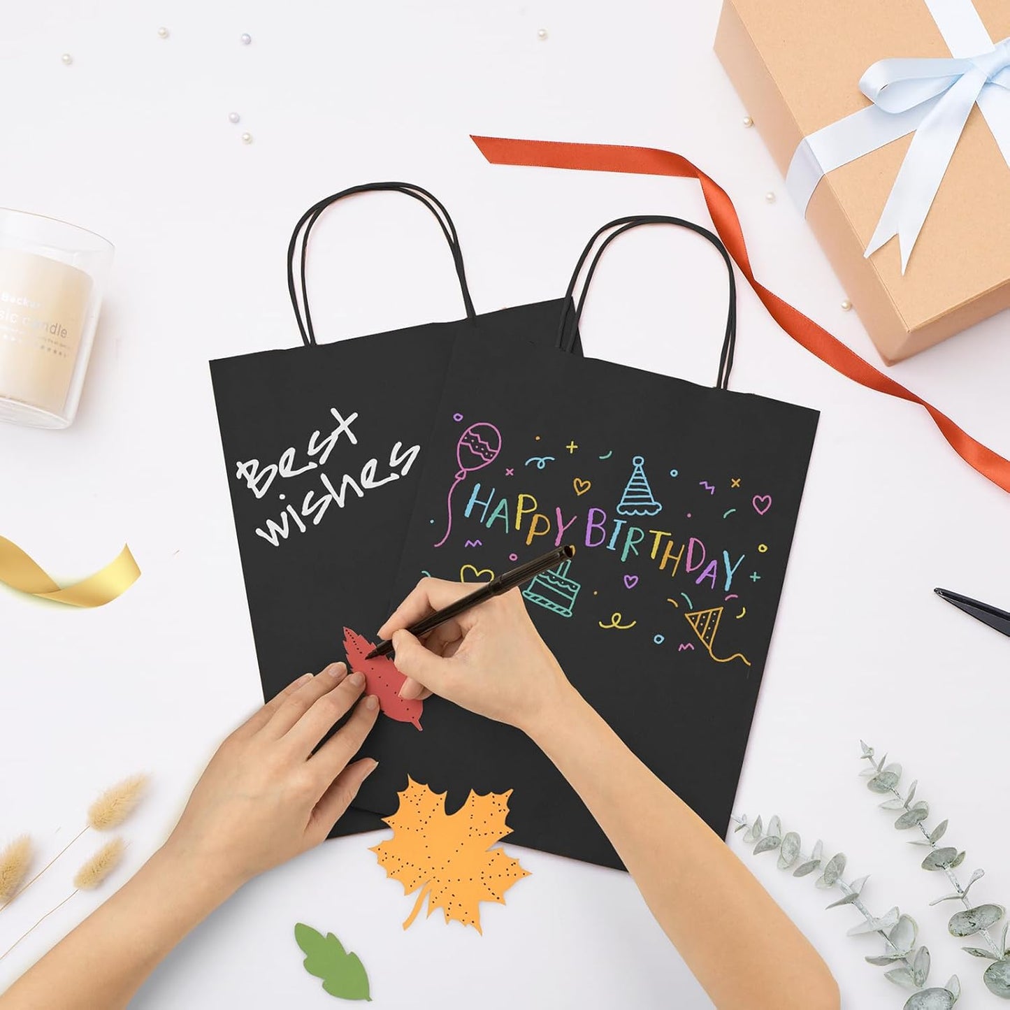GSSUSA 100 Pack, 8x4.25x10 Black Paper Gift Bags with Handles Bulk for Small Businesses, Grocery & Retail, Birthday Parties, Crafts