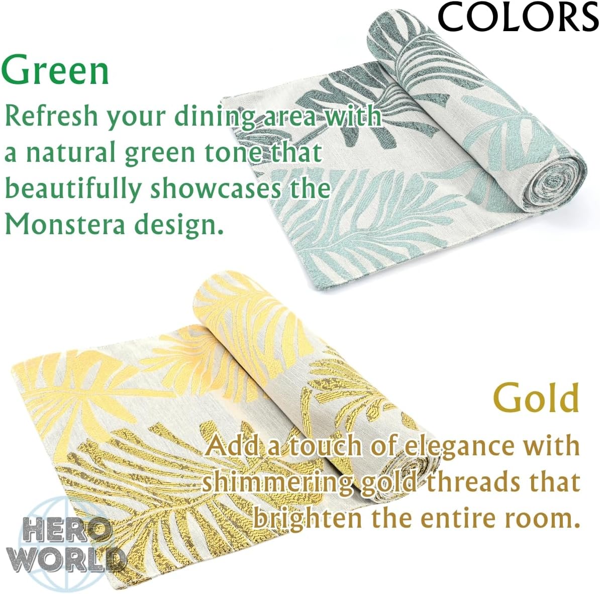Monstera Leaf Table Runner – Elegant Fabric Table Centerpiece, Machine Washable, Gold or Green, 71"/83"/94" Length, 13" Width (Green/94)