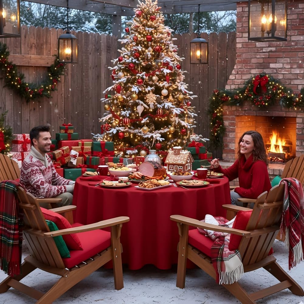 sancua Round Tablecloth - 108 Inch - Water Resistant Spill Proof Washable Polyester Table Cloth Decorative Fabric Table Cover for Dining Tables, Buffet Parties and Camping, Red