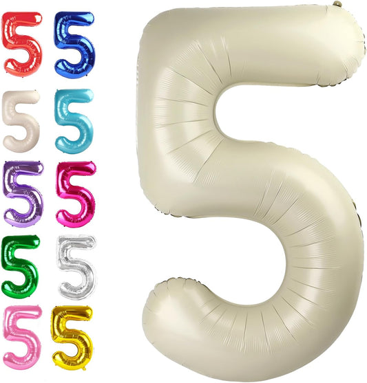 Cream White 40 Inch Large Number 5 Birthday Balloon, Five 5th 15 25 35 50 55 Birthday Celebration Decorations, Foil 5 Mylar Helium Number 5 Balloons Girl Boy Anniversary Party Supplies