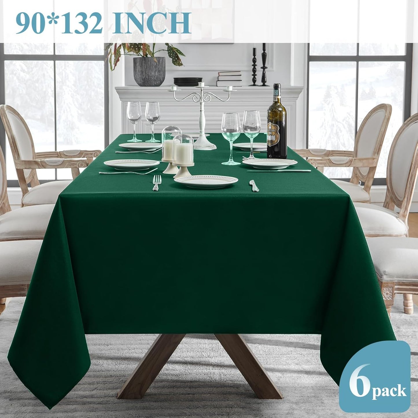 VidaFete Tablecloth 6 Pack 90 * 132inch Rectangle Table Cloth Polyester, Stain Wrinkle Resistant Polyester Dining Table Cover for Kitchen Dinning Party Wedding Rectangular Buffet Decoration(Green)