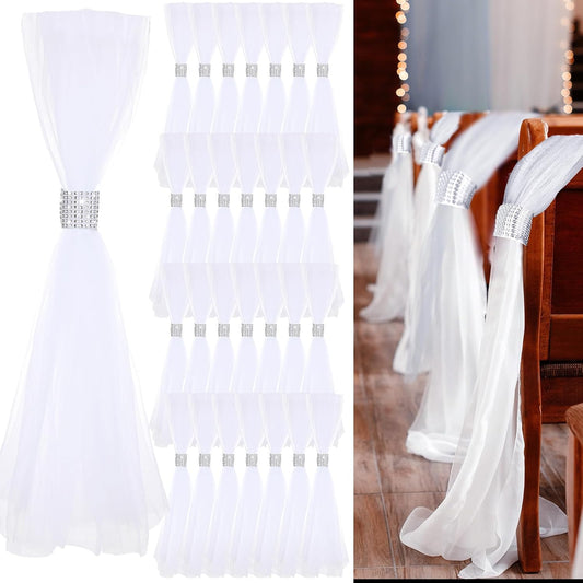 36 Set Wedding Aisle Chair Decorations 31.5 Inch Pew Bows with Long Tulle Tails and Rhinestone wrap for Wedding Ceremony Church Bridal Shower Banquet Decor (Silver)