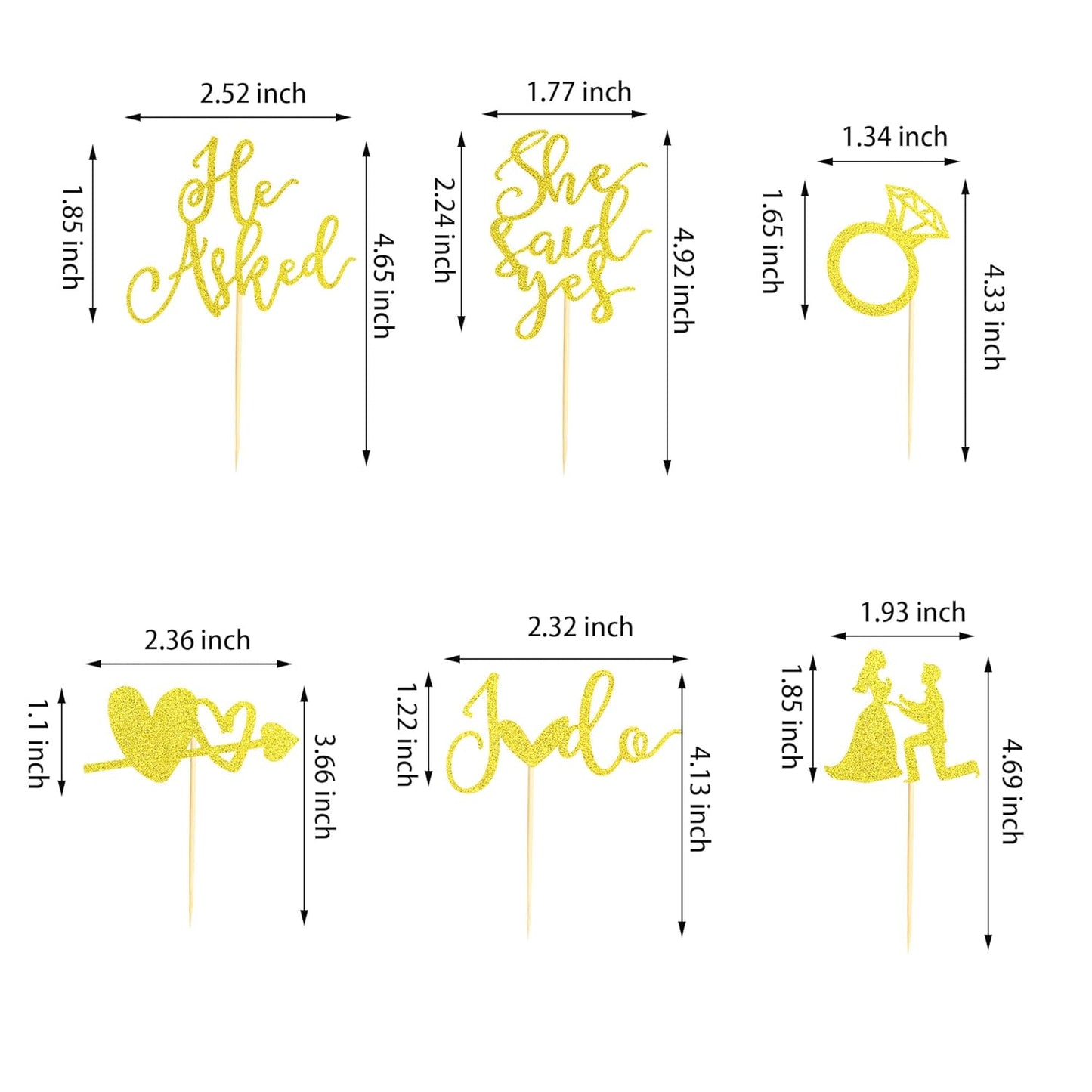 24Pcs He Asked She Said Yes Cupcake Toppers Diamond Ring Heart I Do Cake Picks for Wedding Engagement Bridal Shower Party Cake Decorations - Gold Glitter