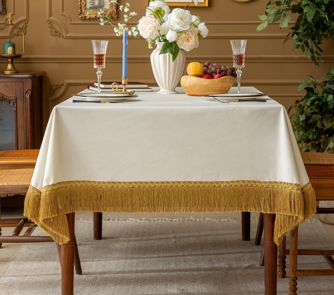 F-CHU White Tablecloth Thickset Velvet Tablecloth with Beautiful Gold Tassels Vintage Table Cloth for Home Decor Wedding, Party, Banquet and Events 60x60-Inch