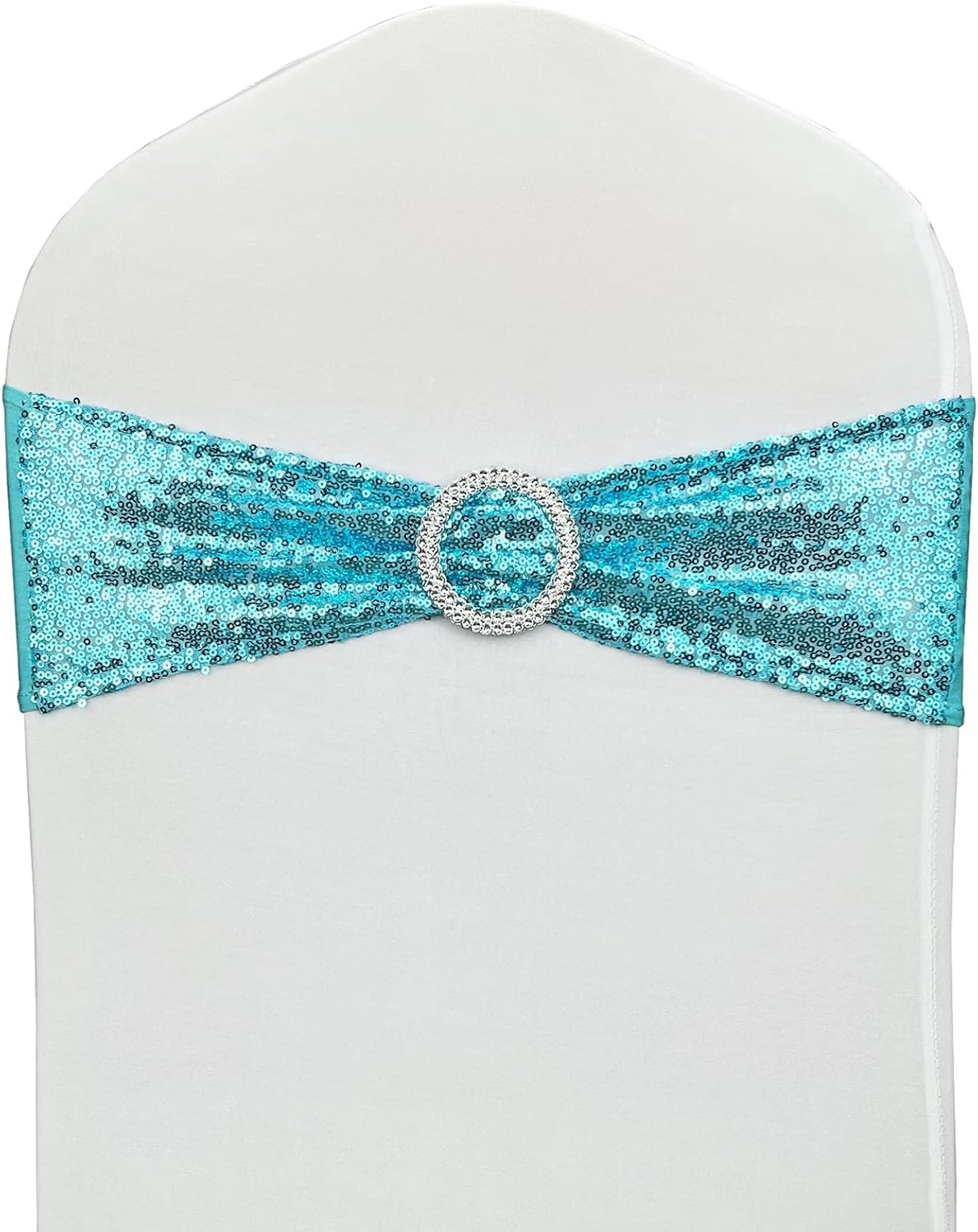100 Pcs Chair Sashes Sequin Stretch Chair Bands Spandex Polyester Bows for Party Hotel Wedding Banquets Decoration - Aqua