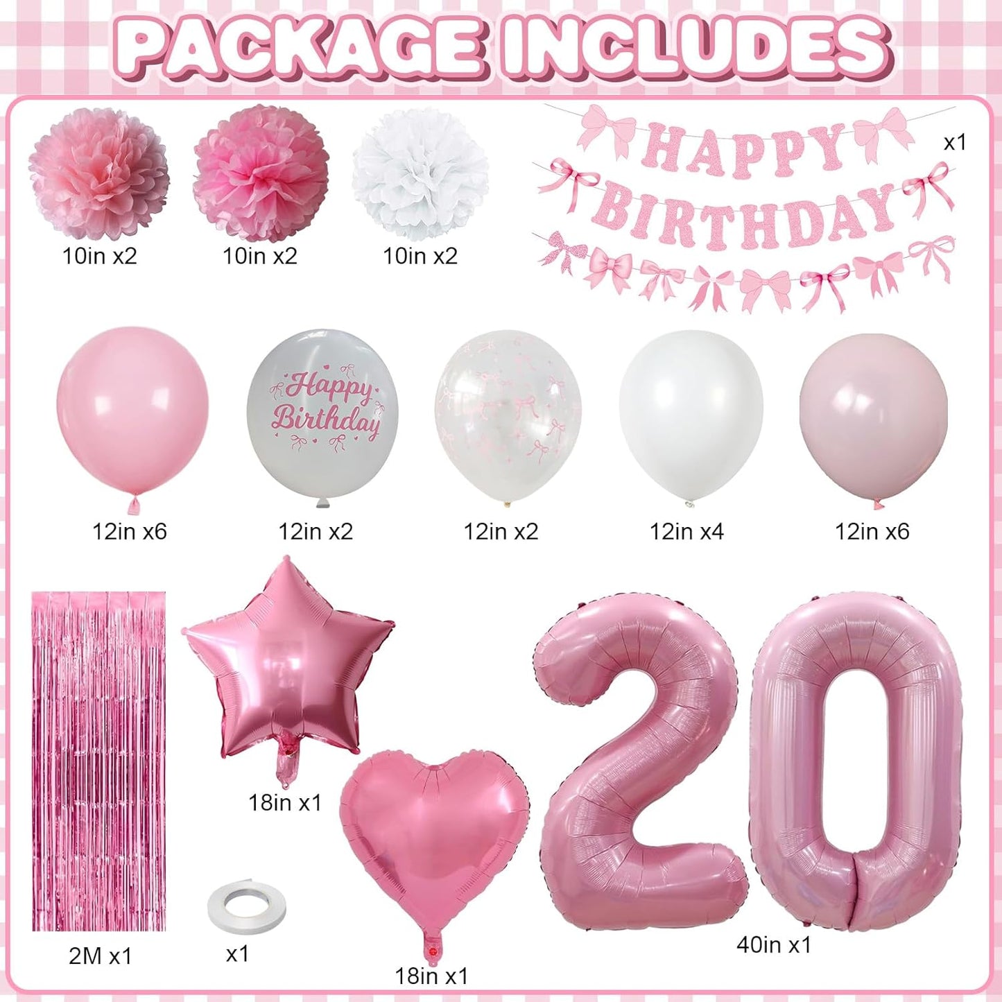 20th Birthday Decorations for Girls Pink Number 20 Balloon Bow Coquette Happy Birthday Banner Fringe Curtain Paper Pom Poms Star Heart Foil Pink White Balloons 20 Year Old Party Decor for Her
