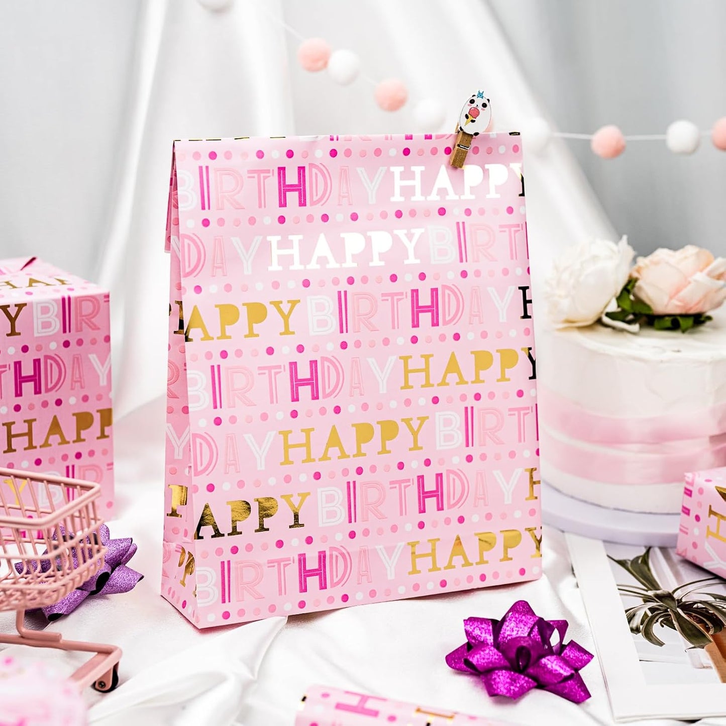 Yarcony Girl Birthday Wrapping Paper, Pink and Gold Wrapping Paper, Gold Foil Girly Happy Birthday Lettering Design Pink Gift Wrap for Girls Women, Baby Shower, Party (Mini Roll, 17 Inch X 16.5 Feet)