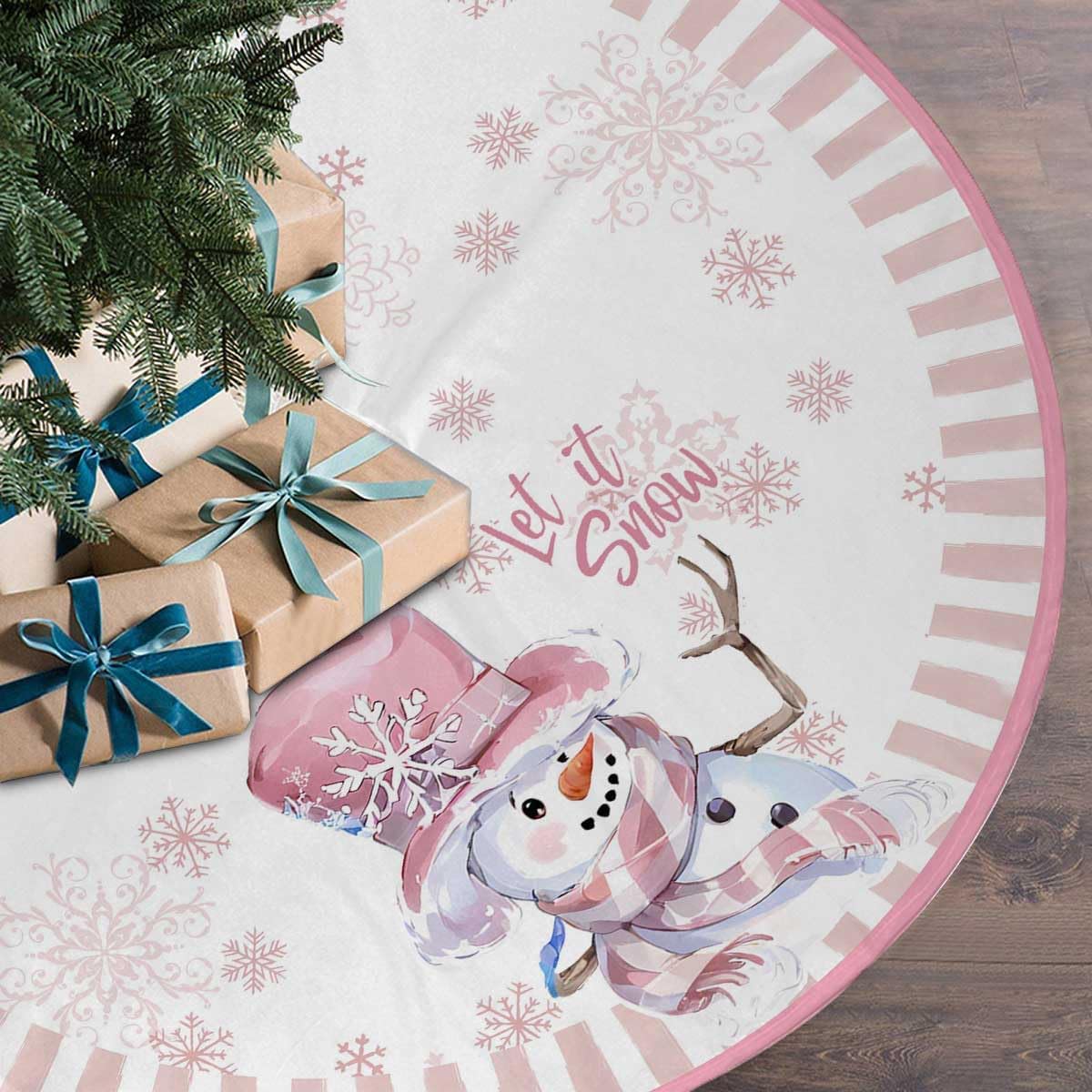 Let It Snow Snowman Christmas Tree Skirt 48 Inches, Pink Snowflake Tree Skirt, Winter Xmas Tree Mat for Home Party Holiday Indoor Outdoor Decorations (Pink, 48in)