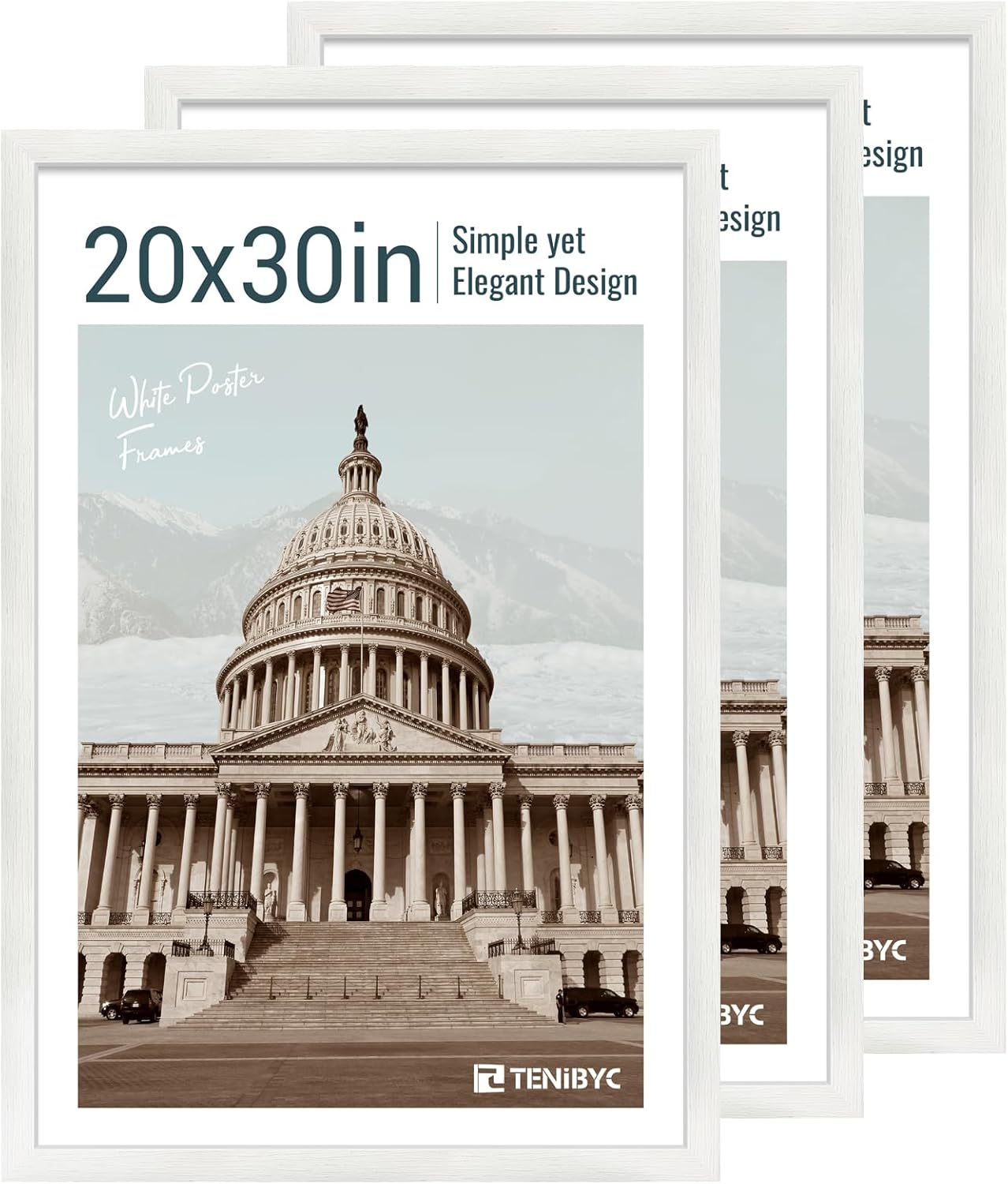 20x30 Poster Frame Set - 3 Pack, Textured White Solid Wood Picture Frame, Wall Gallery Frame - Wall Hanging