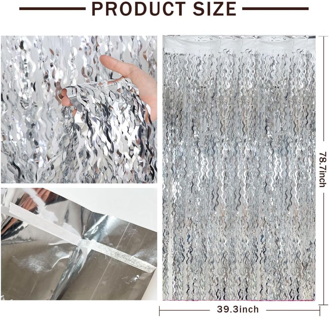Silver Birthday Party Decorations 10pcs Silver Streamers Foil Fringe Backdrop Curtains Photo Booth Props Prom Decorations for Bachelorette, Engagement, Disco Party, Graduation,Wedding, Anniversary
