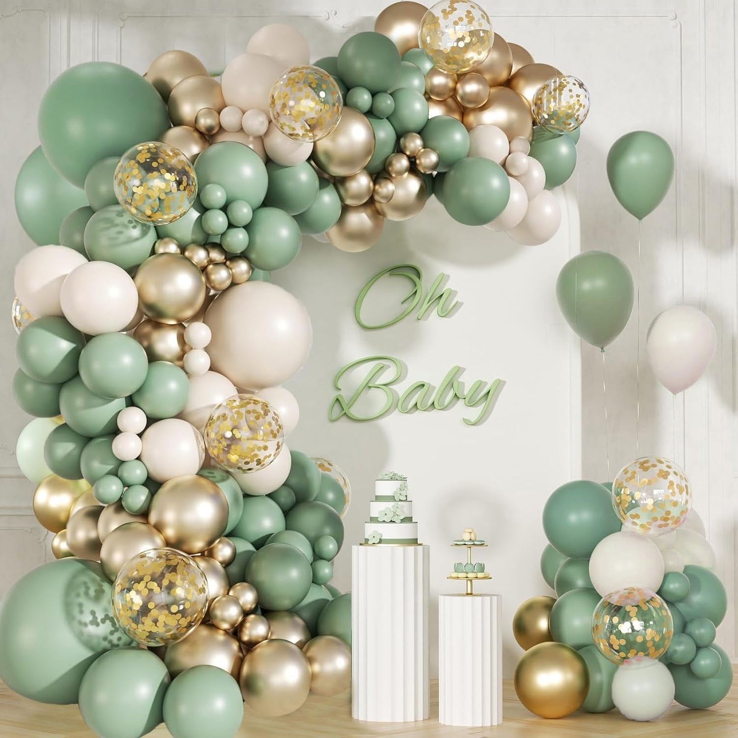 Sage Green Balloon Arch Kit, 141pcs Sage Green Gold Sand White Balloons for Wedding Engagement Anniversary Bridal Shower Baby Shower Birthday Jungle Safari Party Decorations