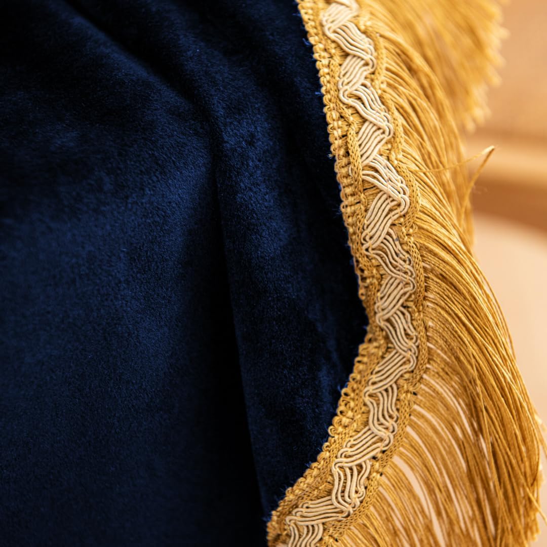 F-CHU Blue Tablecloth Thickset Velvet Tablecloth with Beautiful Gold Tassels Vintage Table Cloth for Home Decor Wedding, Party, Banquet and Events 60x86-Inch