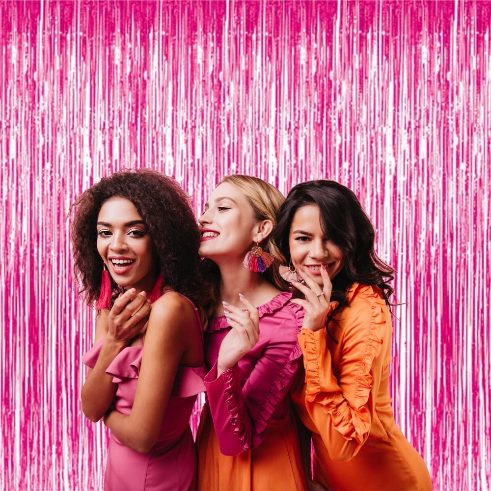 GOER 3.2 ft x 8.2 ft Metallic Tinsel Foil Fringe Curtains Party Photo Backdrop Party Streamers for Galentines Day,Birthday,Graduation,New Year Eve Decorations Wedding Decor (3 Pcs, Hot Pink)