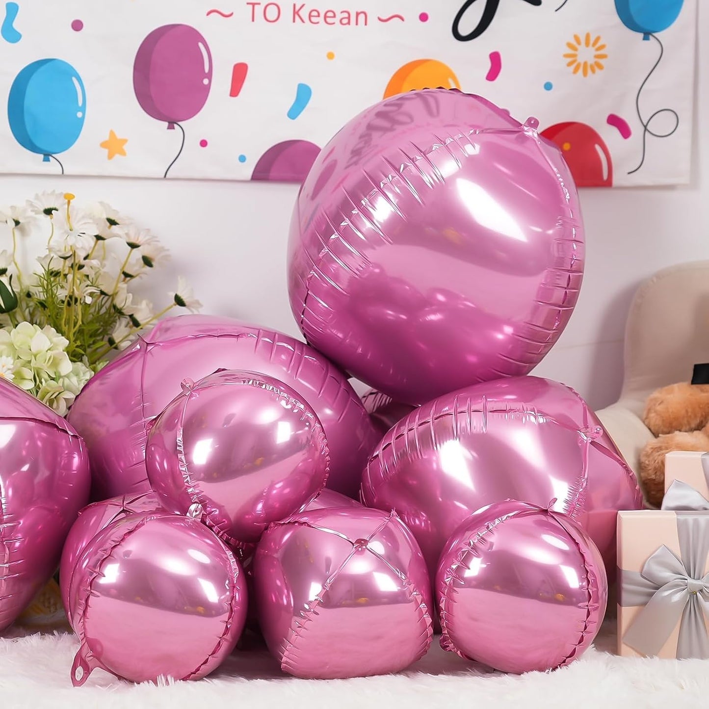 12Pcs Pink Round Foil Balloons, 22" 15" 10" 4D Helium Ball Balloon, Metallic Pink Foil Balloon for Birthday Graduation Wedding Anniversary New Year Eve Disco Prom Party Decorations