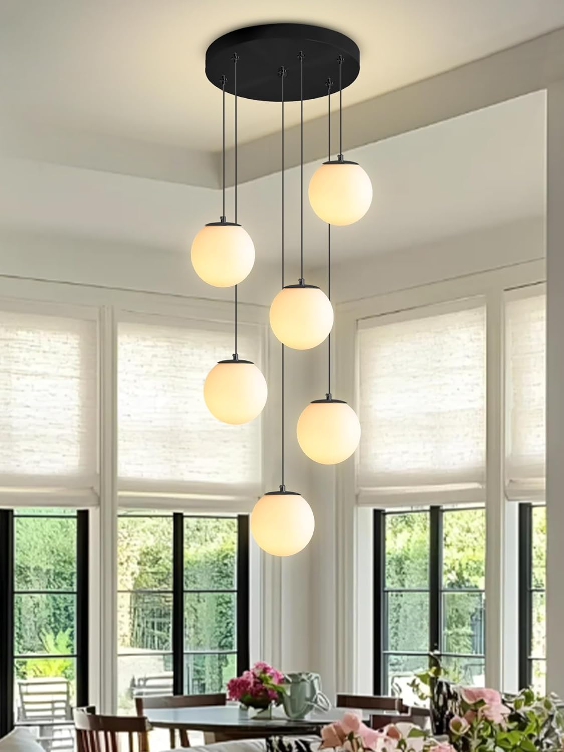 H 87in Globe Pendant Light 6-Lights Modern Hanging Chandelier for Kitchen Island Black Globe Chandelier Milk White Glass Pendant Lighting for Living Room Bedroom Entryway