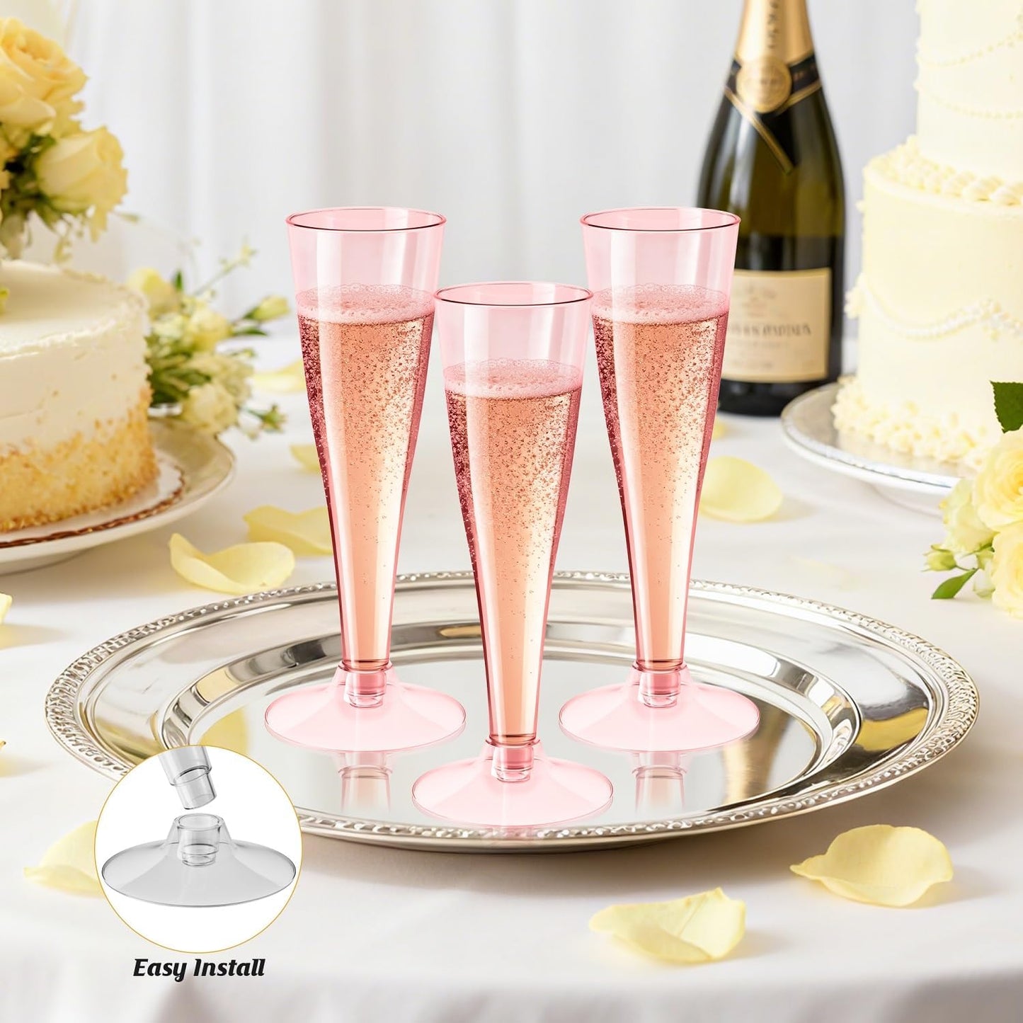 40 Pack Pink Champagne Flutes Plastic Wine Glasses Disposable, 4.5 Oz Clear Mimosa Glasses for 2025 Engagement Wedding Birthday New Years Eve Xmas Party Supplies, Bulk Toasting Cocktail Cups