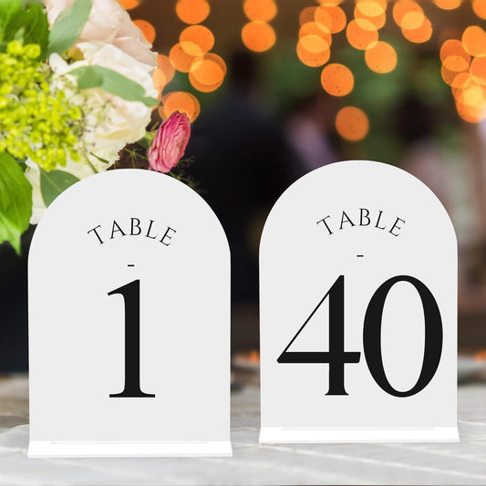 JOYIT Arch Wedding Table Numbers 1-40 with Stands – Double-Sided Printed 5" X 7" Acrylic Signs with White Background Black Text, Perfect Acrylic Table Numbers for Wedding Receptions, Parties, Anniversaries, and Events