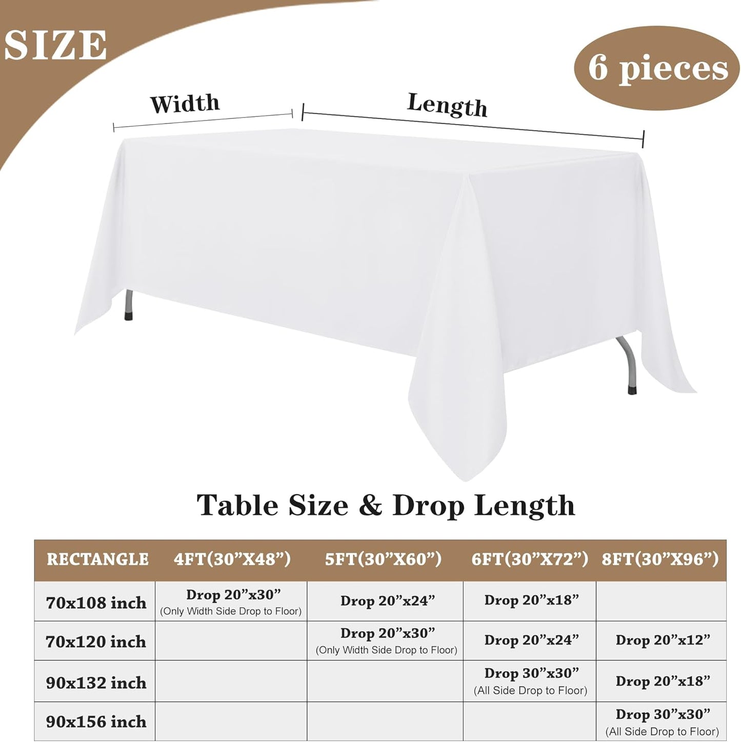 Fitable White Rectangle Tablecloths for 6 Foot Tables, 6 Pack - 70 x 108 Inches - Stain Resistant and Washable Table Clothes, Polyester Fabric Table Covers for Wedding, Party, Banquet, Buffect