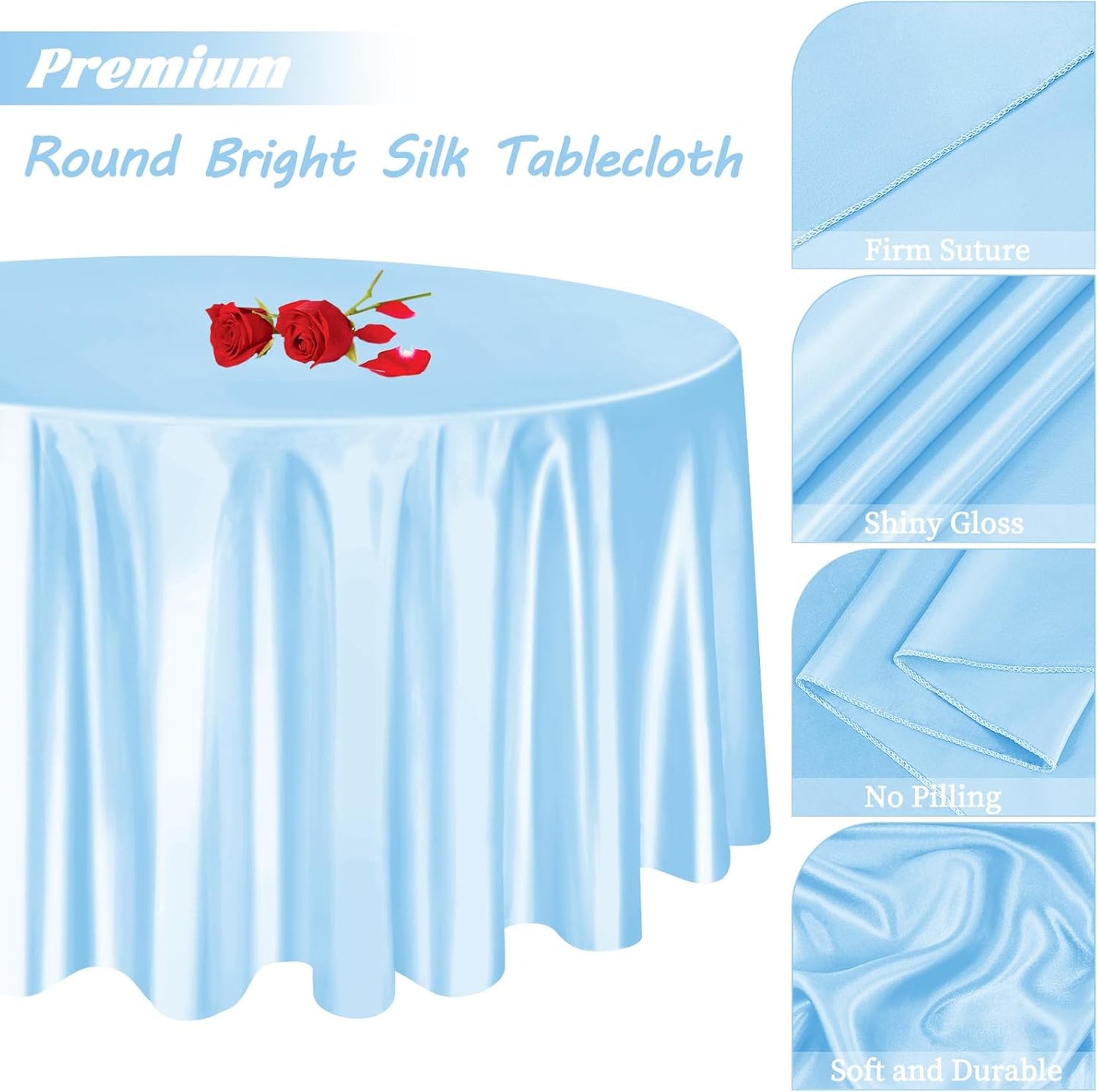 12 Pack 108 Inch Light Blue Satin Tablecloth - Silky Round Tablecloth Overlay Smooth Fabric Table Cover, Bright Table Decoration for Wedding Party Banquet Events Restaurant Kitchen Dining