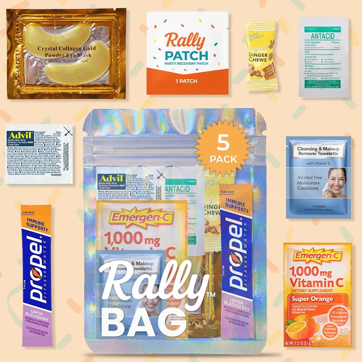 The Rally Bag - 5 Hangover Kits for Bachelorette Parties & Weddings | Filled Hangover Kits with Bags & Supplies, Best Bachelorette Survival Party Favors (5 Kits)
