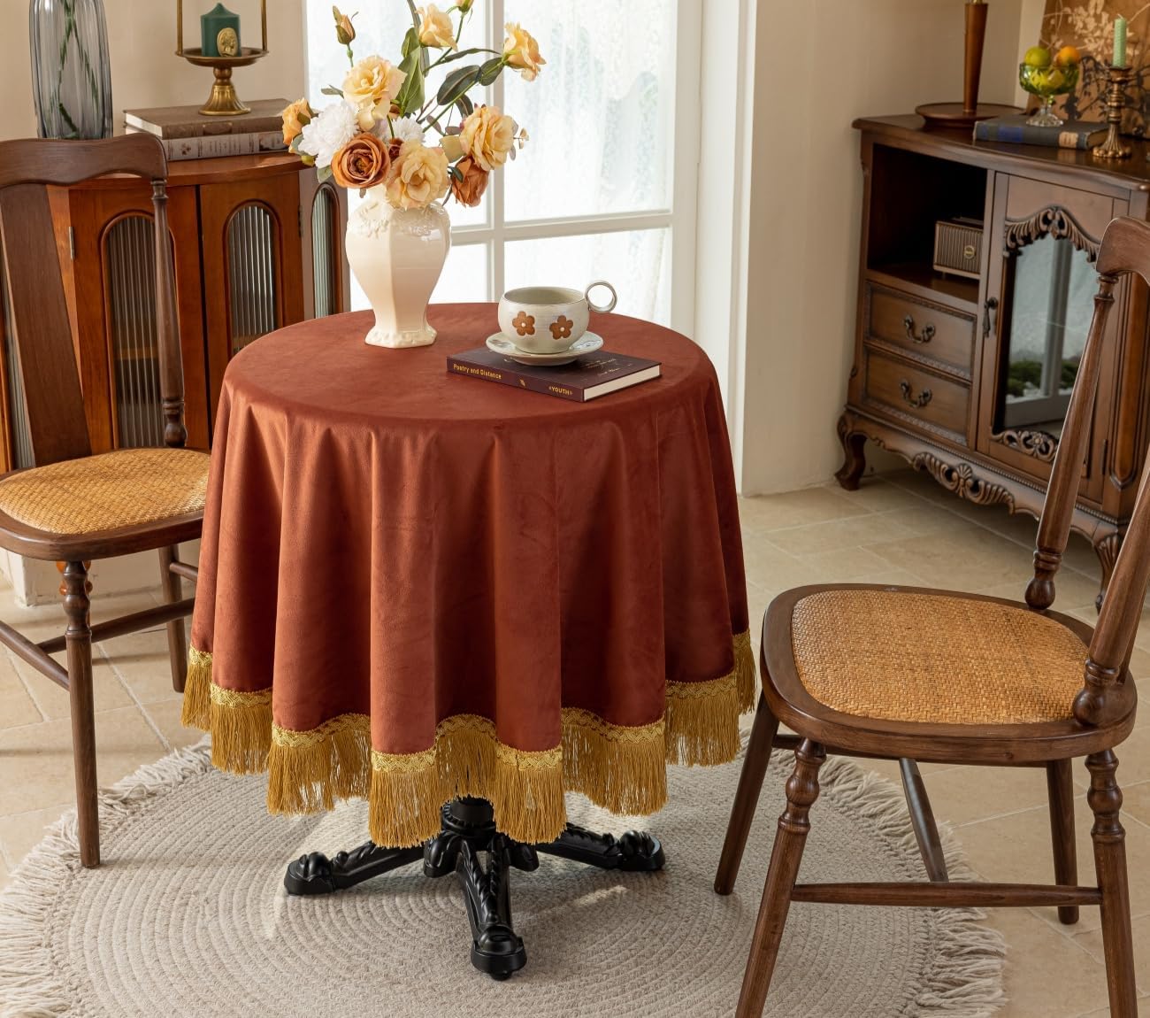 F-CHU Burnt Orange Tablecloth Thickset Velvet Tablecloth with Beautiful Gold Vintage Tassels Table Cloth for Home Decor Wedding, Party, Banquet and Events 70" Round