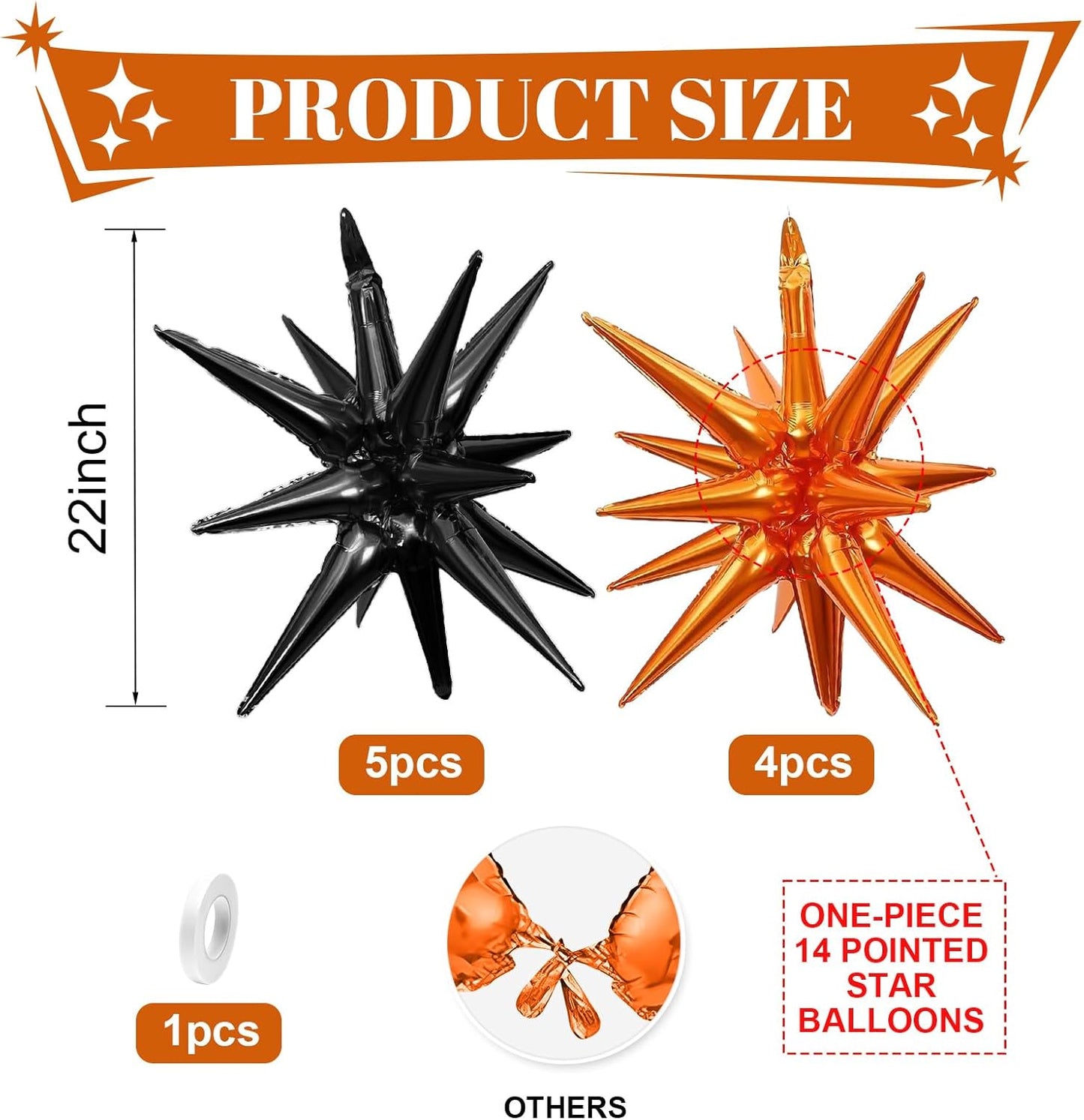 Black Orange Star Balloons,9Pcs 22Inch Black Orange Explosion Spike Cone Helium Polyester Film Star Foil Balloons for Birthday Halloween Graduation Baby Shower Party Decorations