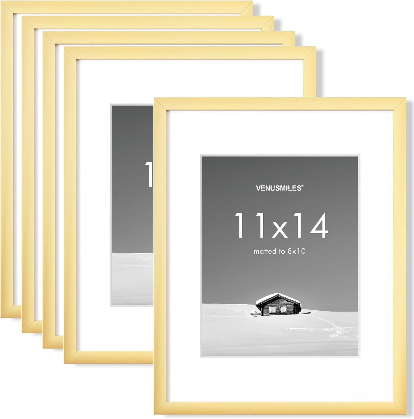 11x14 inch Picture Frame, 11x14 Photo Frames with 8x10 Removable Mat - High Definition Plexiglass - Vertical and Horizontal Display - Wall Hanging Frame - Gold, 5 Pack