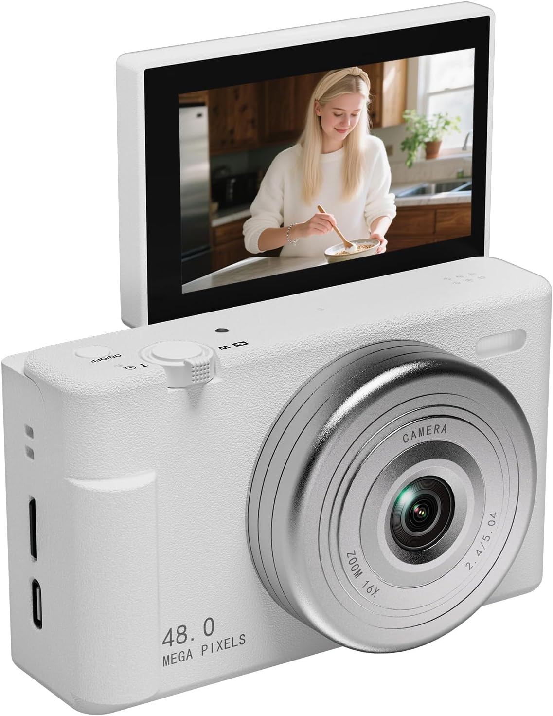 2K Digital Camera with 48MP Multi-Filter 16X Zoom Anti Shake, 3" LCD Screen Compact Vlogging Camera with 32G SD-Card, White