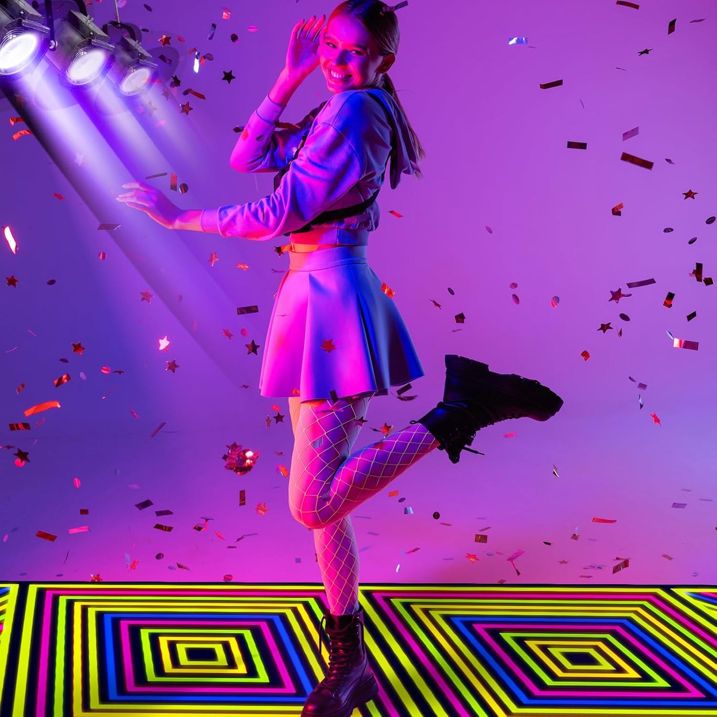 Haull 118 x 39 Inch Neon Light up Dance Floor Glow in The Dark Runner UV Reactive Blacklight Floor Aisle Runner Decor Wall Props for 80s 90s Neon Birthday Party Decorations(Square)