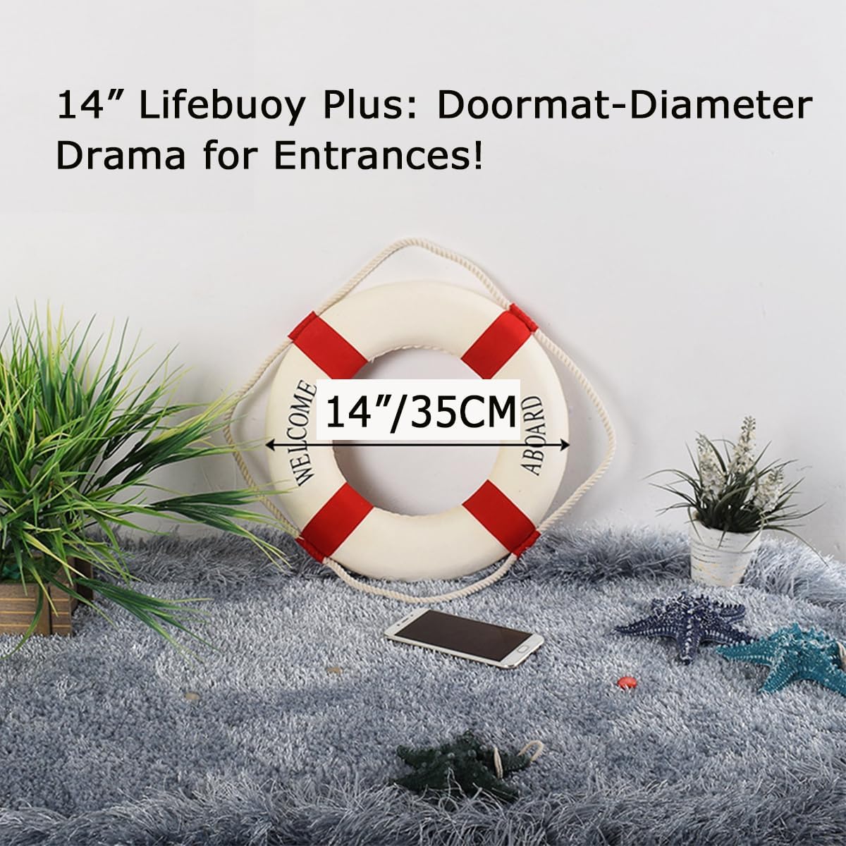 MorroMorn Lifebuoy Wall Hanging Decor - Welcome Aboard Mediterranean Style Home Decoration (Red, 14")