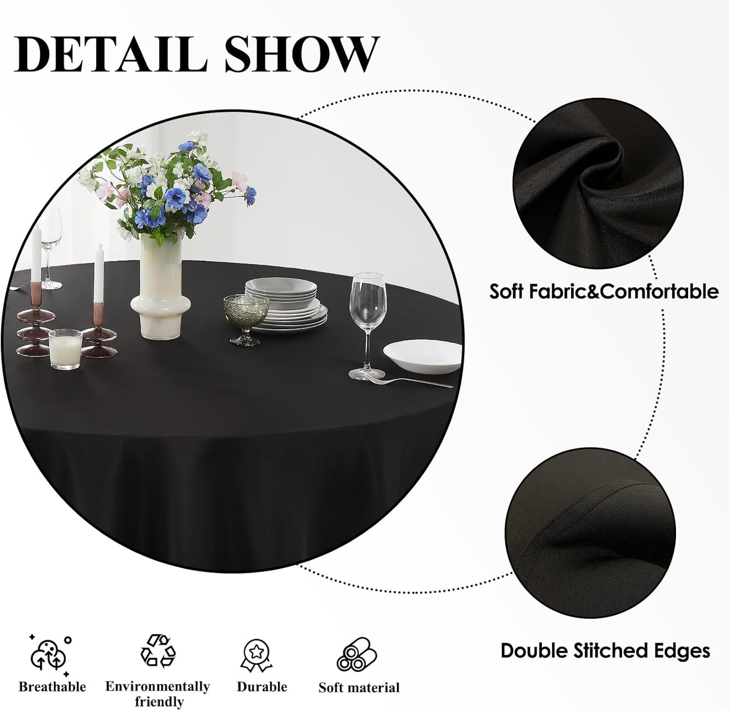 Round Tablecloth 120 Inch 8 Pack Black Tablecloths Washable Decorative Linen Polyester Table Clothes Cover for Dining Table Banquets Buffet Parties and Wedding